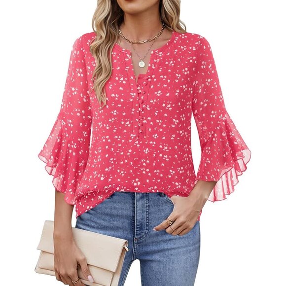Women’s 3/4 Sleeve Chiffon Top with Ruffle Cuffs Floral Pattern Casual - Picture 2 of 5